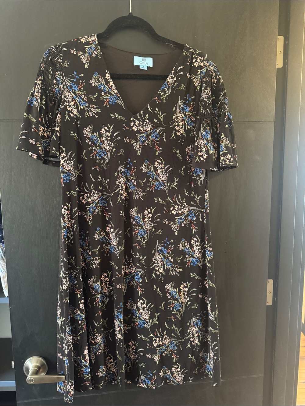 cezanne Black Floral V-Neck Midi Dress with Blue & Cream Accents